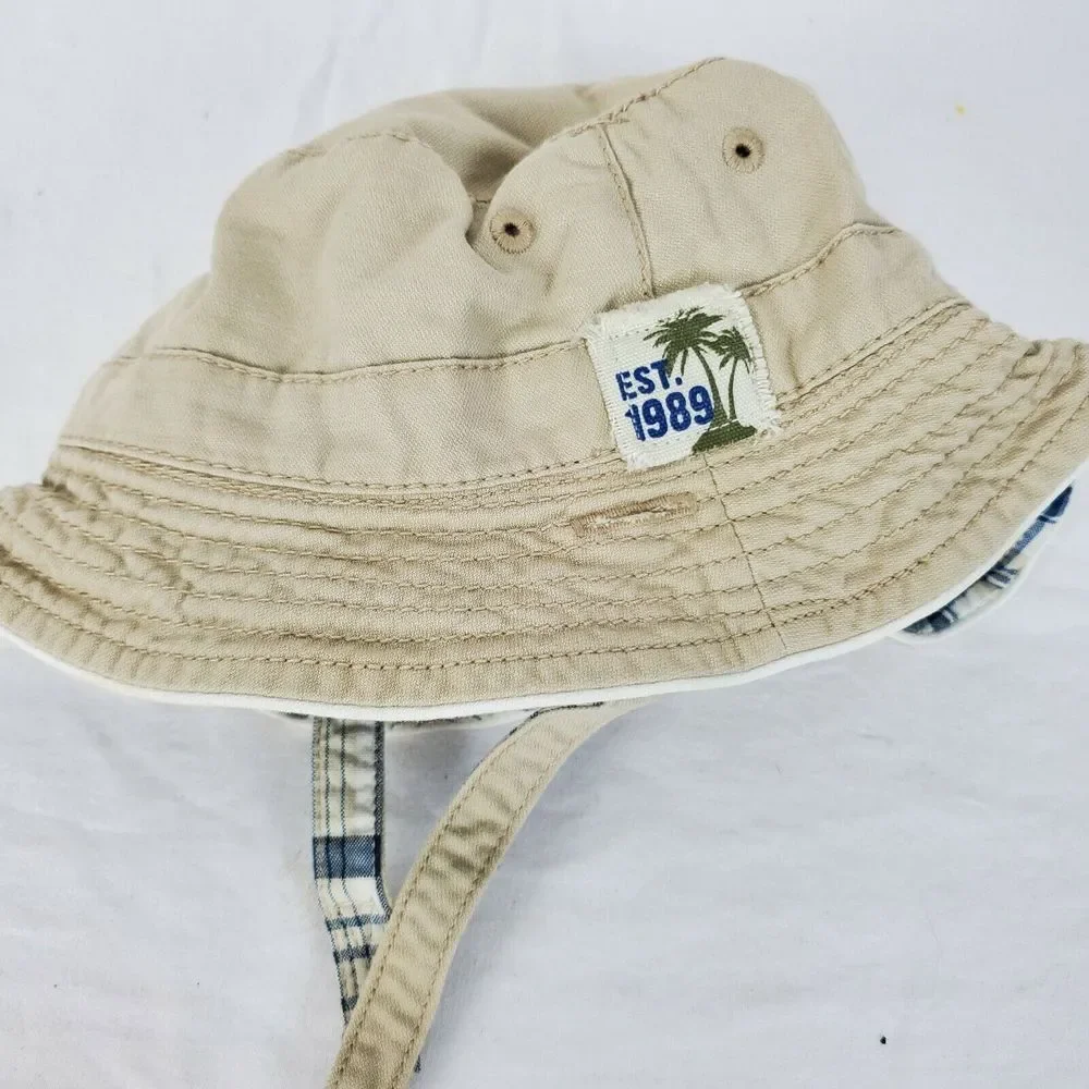 Children's Place Beige Plaid Cotton Bucket Hat Size 6-12M Chin‎ Strap